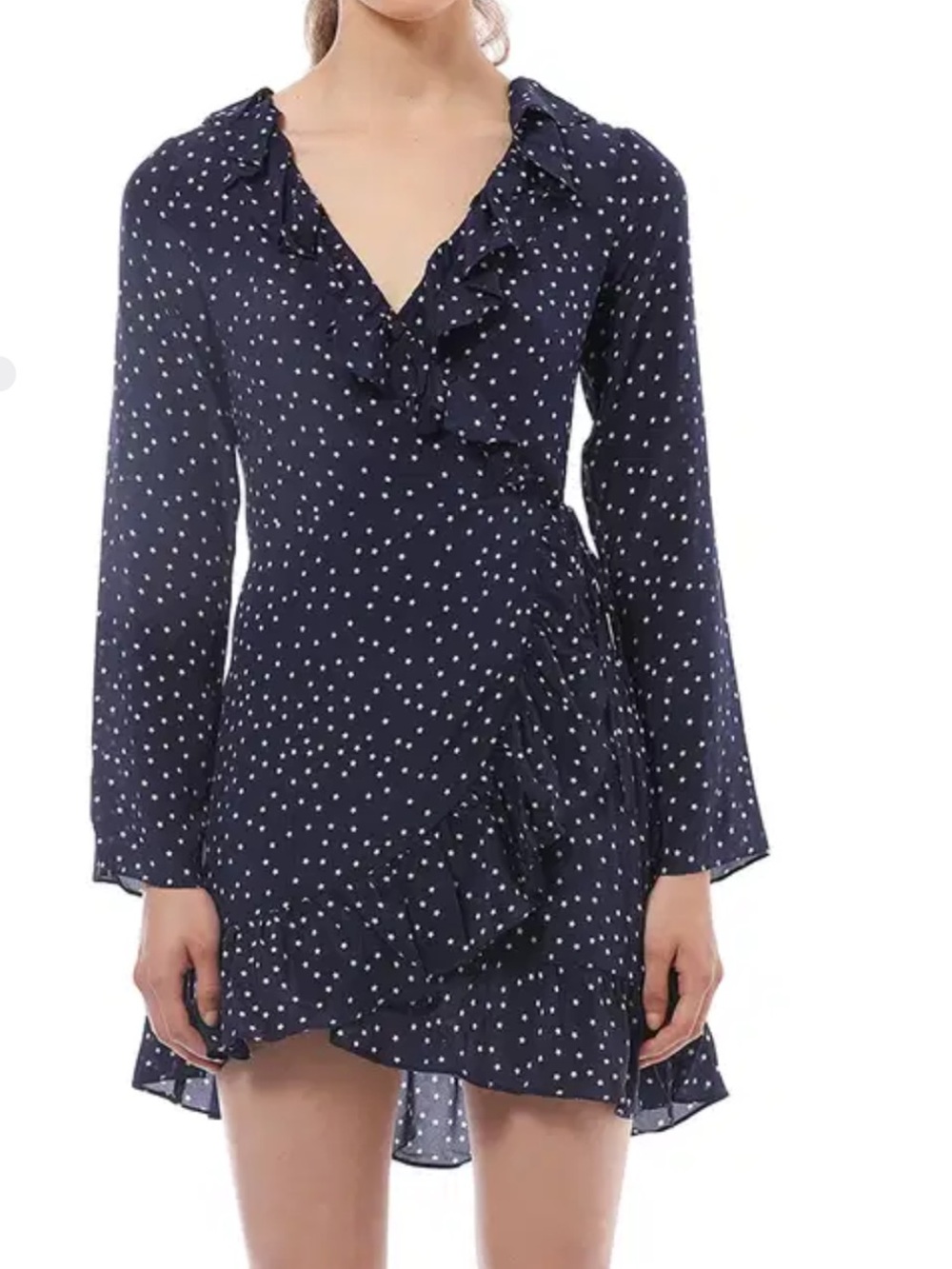 Realisation navy blue white stars long sleeve mini silk ruffle wrap dress